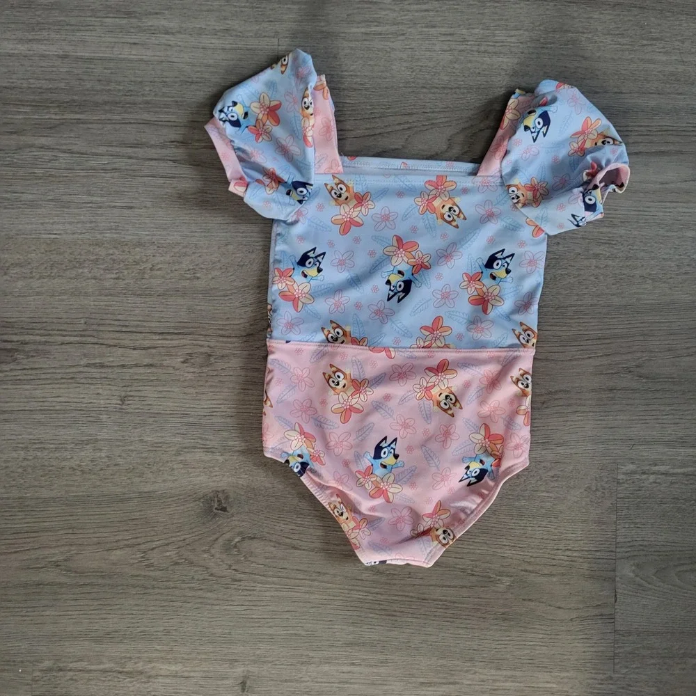 Bluey Bingo Girls 4T One Piece Swimsuit‎ Puff Sleeve Floral Blue Pink Toddler